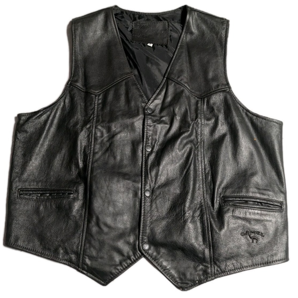 Snap Front Moto Black Leather Vest Camel Cigarettes Branded Garments Men's XL‎